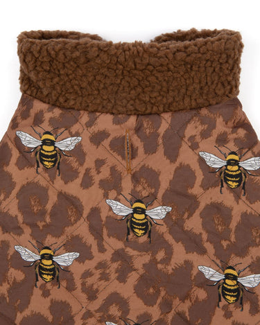Leopard Bee Print Dogs Quilted Puffer Jacket - Brown